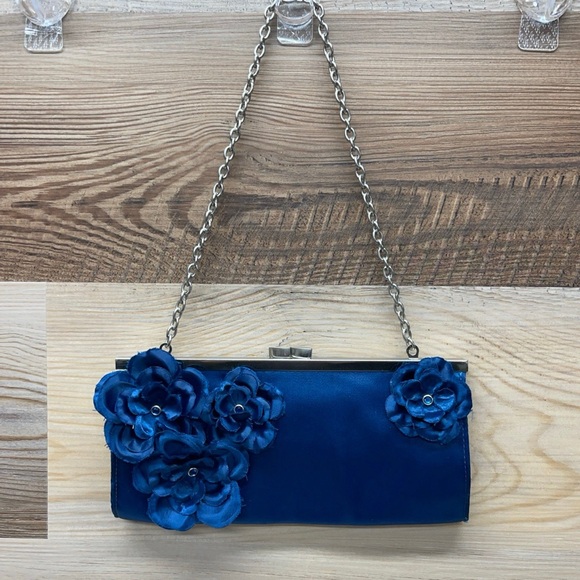 American Eagle Outfitters Handbags - AMERICAN EAGLE OUTFITTERS - Blue CLUTCH PURSE Handbag Satin Flower Accent  AEO